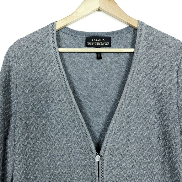 Escada Saks Fifth Avenue Cardigan EUR 42 Gray Wool Chevron Knit Tunic Sweater - Picture 2 of 9